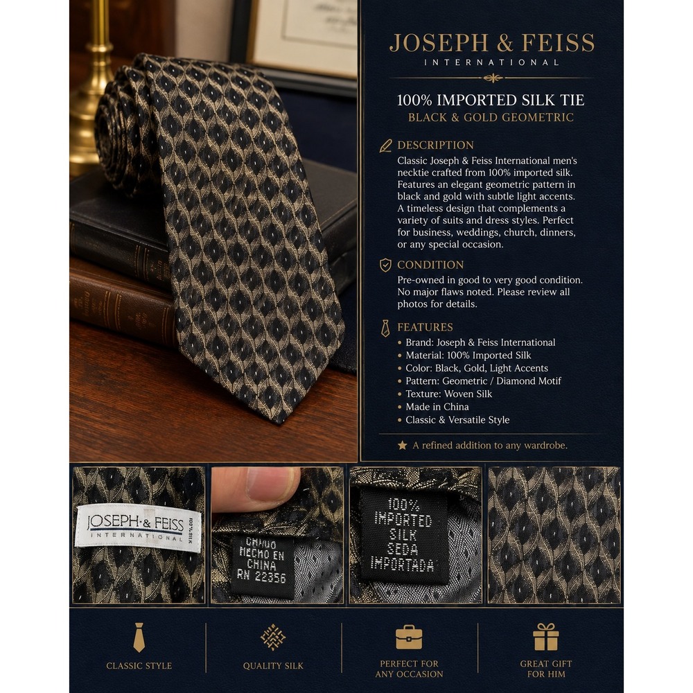 Joseph & Feiss International Men's 100% Imported Silk Tie Black Gold Geometric